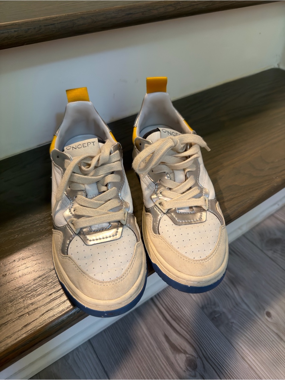 Women’s beige silver leather Sneakers with Yellow Heel Tab - Concept